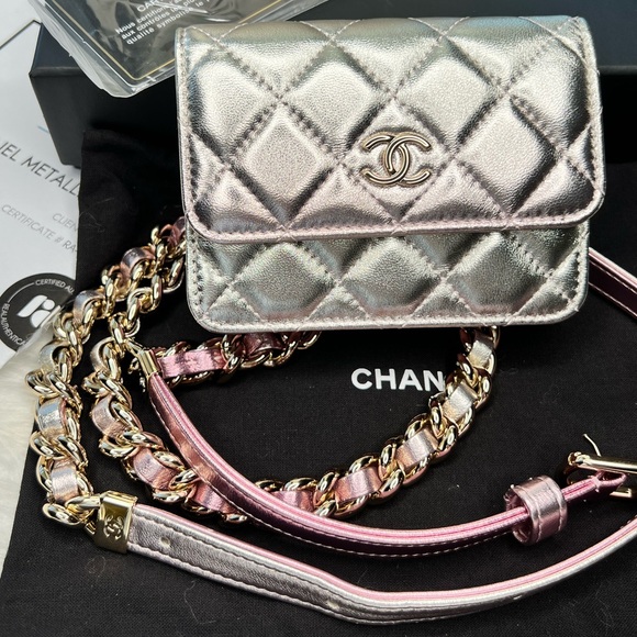 Gradient Metallic Two Tone Lambskin Quilted Flap Chain Belt Bag NWOT Pink/Silver - Picture 16 of 17